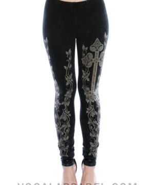 Vocal Apparel Golden Cross with Flowers Leggings 14474P-BLACK