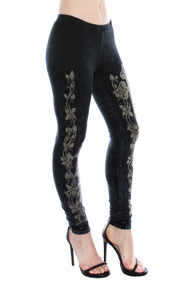 Vocal Apparel Golden Cross with Flowers Leggings 14474P-BLACK